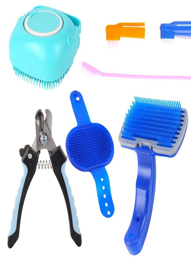 مجموعة أدوات العناية بالحيوانات الأليفة، طقم فرشاة للكلاب مكون من 6 قطع مع مقص أظافر، وفرشاة تنظيف ذاتية، وأداة إزالة الشعر الزائد، وفرش أسنان، باللونين الأزرق والفيروزي - Image 1